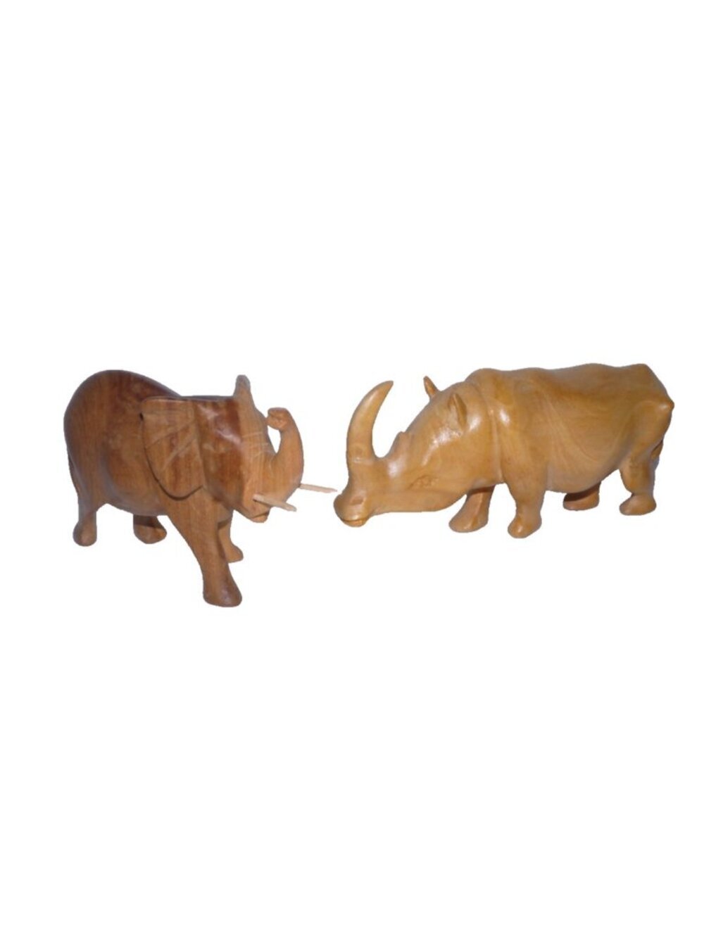 Set of two wooden Rhino & Elephant hand carved animals 5 & 6" long